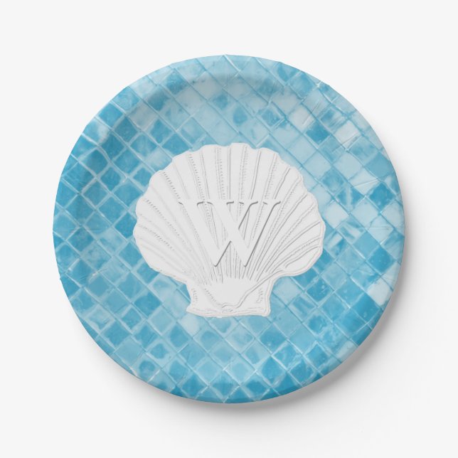 Scallop Shell Monogram Blue Sea Glass Paper Plate (Front)