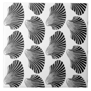 Scallop Shell Print, Black and White Ceramic Tile
