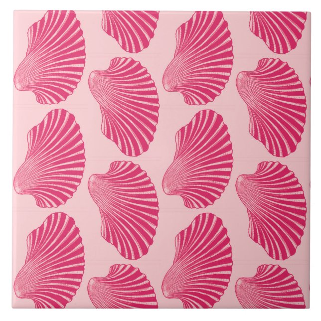 Scallop Shell Print, Fuchsia and Pale Pink Ceramic Tile (Front)
