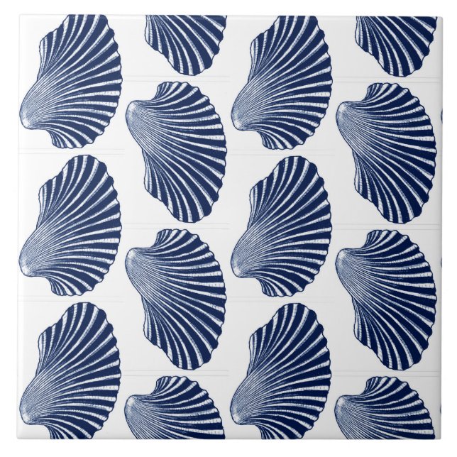 Scallop Shell Print, Indigo and White Ceramic Tile (Front)