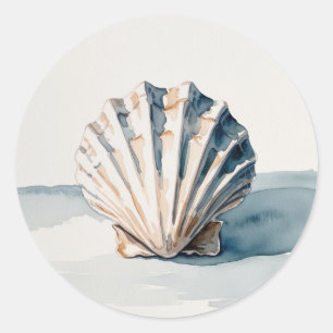 Scallop Shell Watercolor Art – Coastal Blue Classic Round Sticker