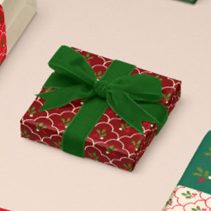 Scallop Tile with Holly Branch Berries Christmas Wrapping Paper Sheet