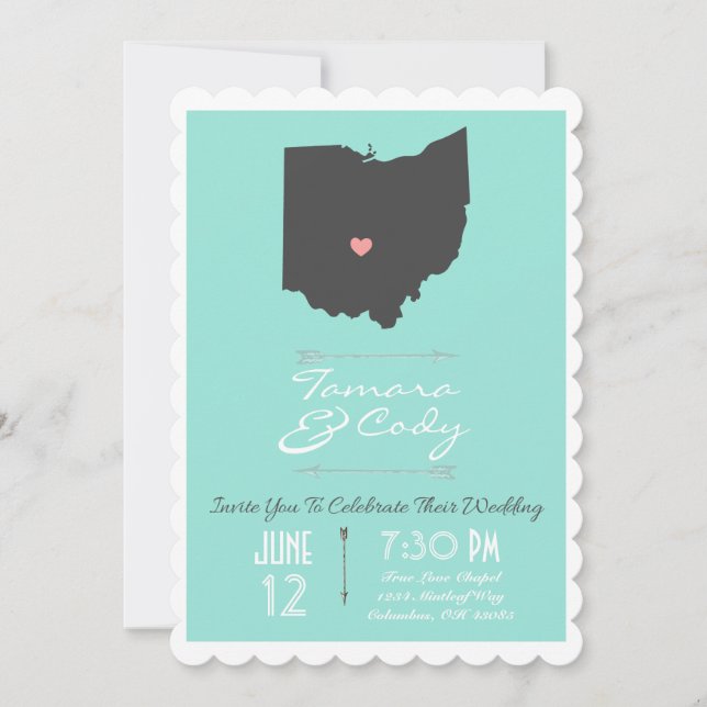 Scalloped Aqua Green Ohio State Wedding Invitation (Front)