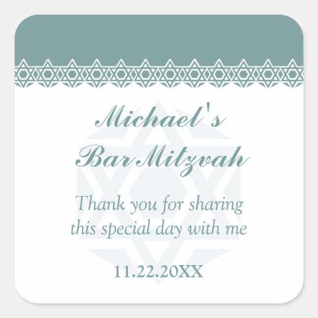Scalloped Aqua Star of David Bar-Bat Mitzvah Square Sticker (Front)
