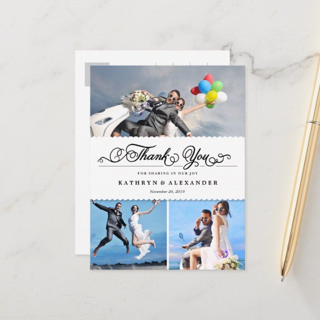 Scalloped Band And Script Photo Wedding Thank You Postcard (Front/Back In Situ)