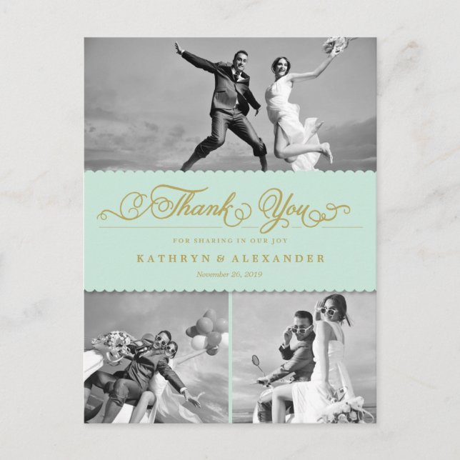 Scalloped Band And Script Photo Wedding Thank You Postcard (Front)