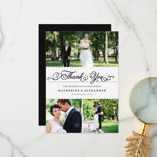 Scalloped Band Romantic Script Multi-Photo Wedding Thank You Card (Front/Back In Situ)