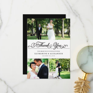 Scalloped Band Romantic Script Multi Photo Wedding Thank You Card