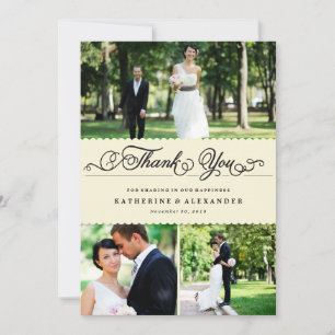 Scalloped Band Romantic Script Multi Photo Wedding Thank You Card
