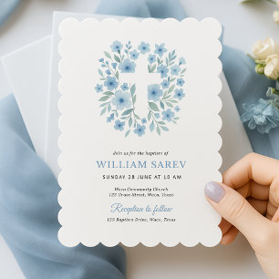 Scalloped Blue Floral Baptism Invitation for Boy 