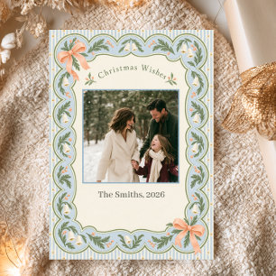 Scalloped Blue Floral Photo Christmas Holiday Card