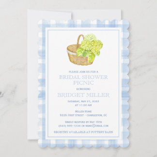 Scalloped Blue Gingham Hydrangea Flower Basket  Invitation
