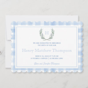 Scalloped Blue Gingham Laurel Crest Announcement