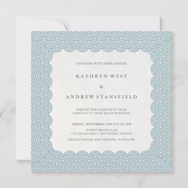 Scalloped Blue Seigaiha Pattern Wedding Invitation (Front)