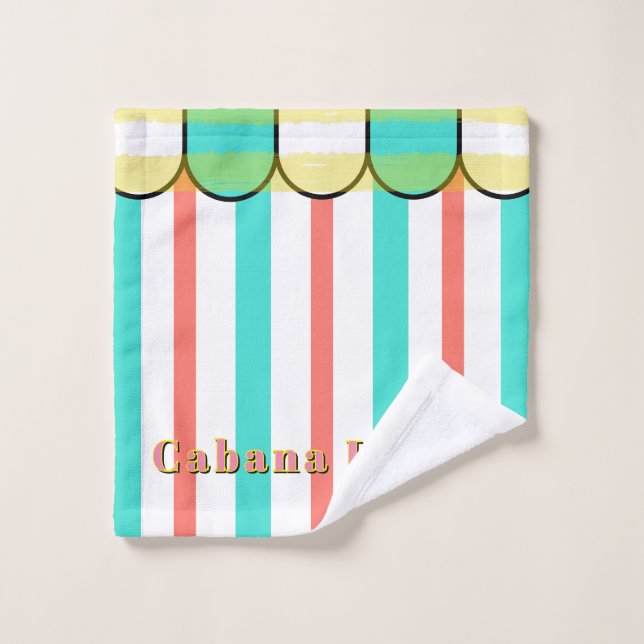 Scalloped Cabana Turquoise Coral White Stripes Bath Towel Set (Wash Cloth)
