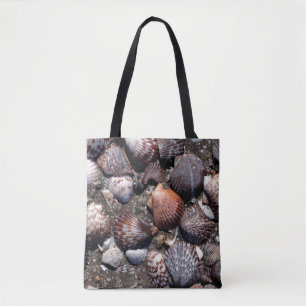 Scalloped Colourful Seashells On A Black Sand Tote Bag