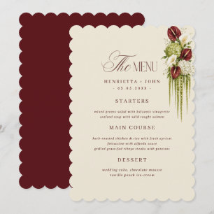 Scalloped Edge Burgundy Floral Wedding Menu Card