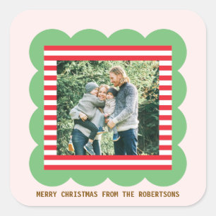 Scalloped Frame Christmas Photo Red Stripes Square Sticker