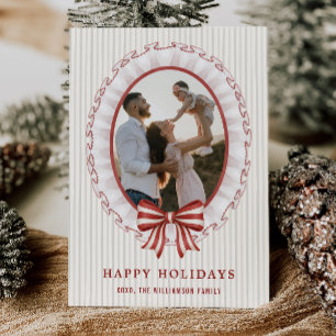 Scalloped Frame + Striped Bow Holiday Photo Card