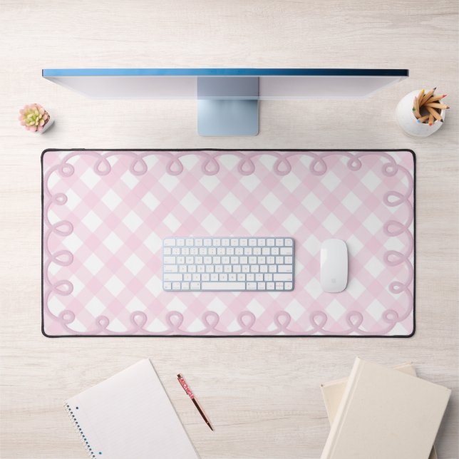 Scalloped Gingham Pastel Pink Wavy Border Desk Mat (Office 1)