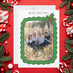 Scalloped Hand Drawn Holly Christmas Family Photo Holiday Card