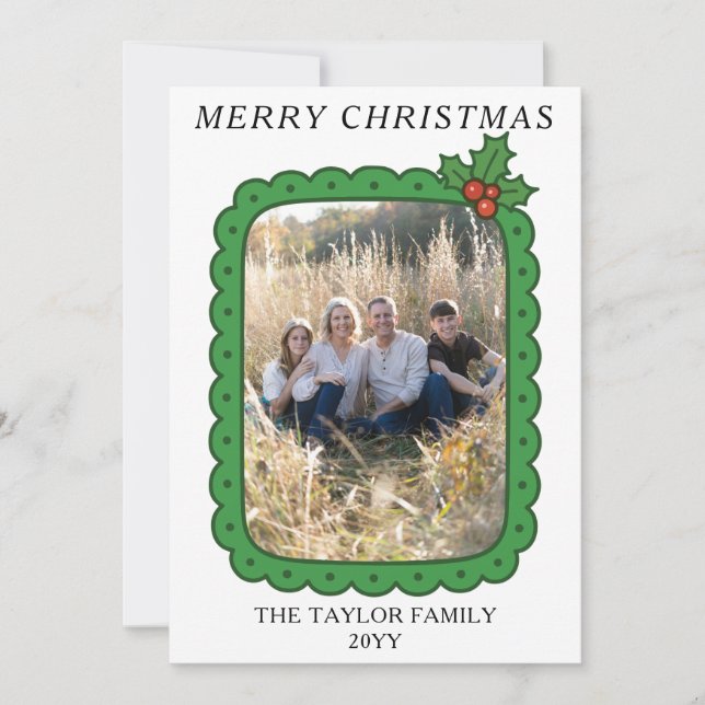 Scalloped Hand Drawn Holly Christmas Family Photo Holiday Card (Front)