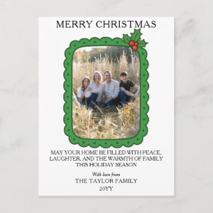Scalloped Hand Drawn Holly Christmas Family Photo Holiday Postcard