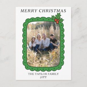 Scalloped Hand Drawn Holly Christmas Family Photo Holiday Postcard