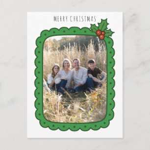 Scalloped Hand Drawn Holly Christmas Family Photo Holiday Postcard