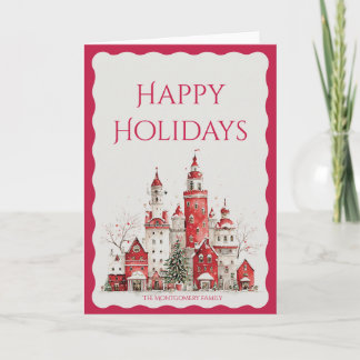 Scalloped Holiday Watercolor Winter Village Card