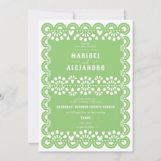 Scalloped Mexico Papel Picado Floral Green Wedding Invitation (Front)