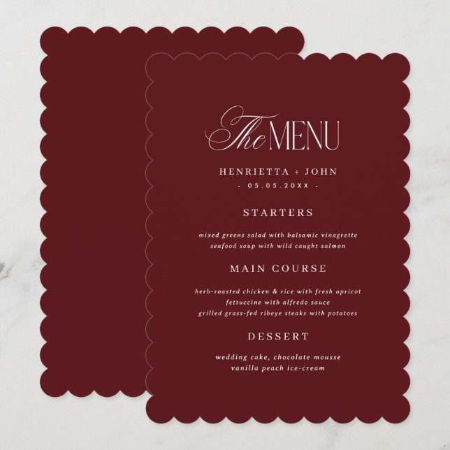 Scalloped Old Money Burgundy Wedding Menu Card (Front/Back)