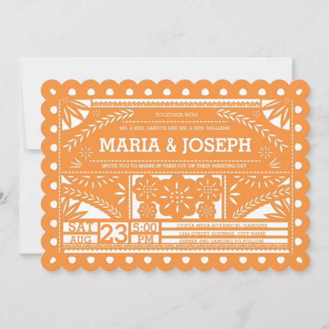 Scalloped Papel Picado Wedding Invite - Orange (Front)