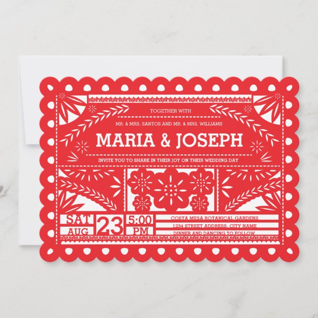 Scalloped Papel Picado Wedding Invite - Red (Front)