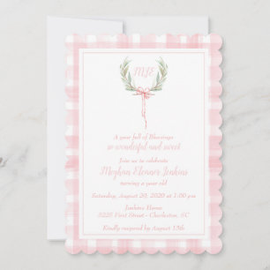 Scalloped Pink Gingham Laurel Crest Monogram Invitation