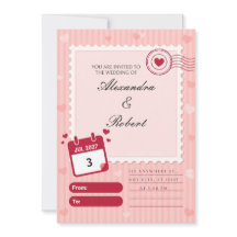 Scalloped Pink Stripe Stamp Wedding Invitation