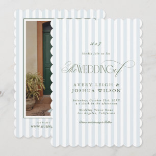 Scalloped Sage Green & Blue Stripes Classy Wedding Invitation