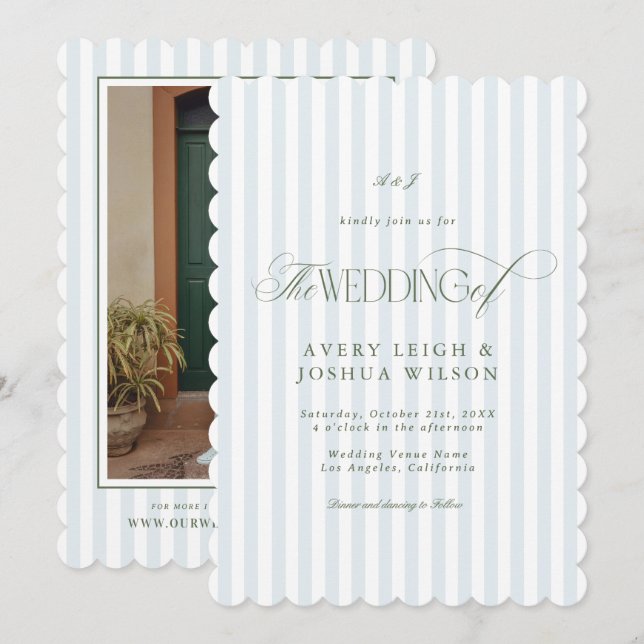 Scalloped Sage Green & Blue Stripes Classy Wedding Invitation (Front/Back)