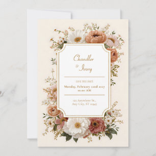 Scalloped Terracotta Peach Wildflower Wedding Invitation