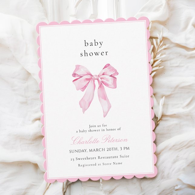 Scallopped Pink Bow Baby Shower Invitation (Creator Uploaded)
