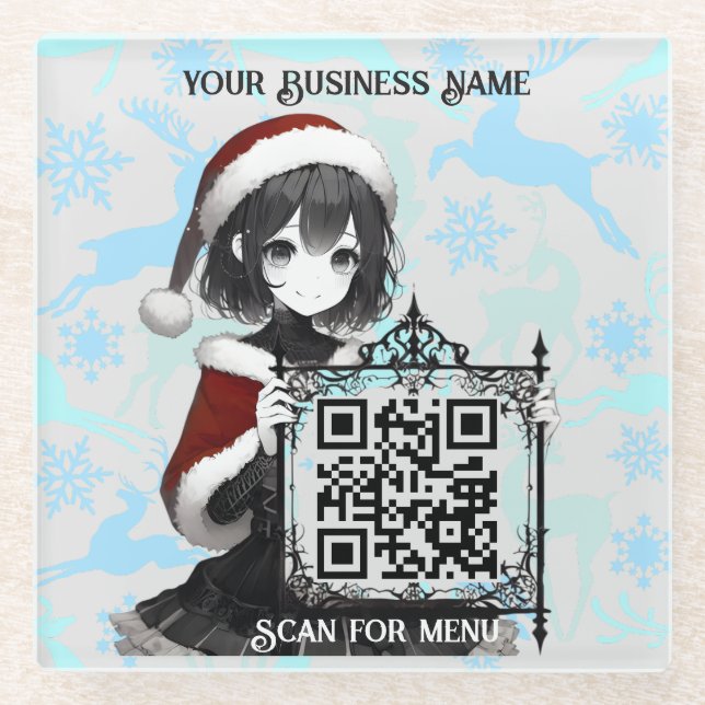 Scan for Menu3 QRcode with personalisation LGreyBG Glass Coaster (Front)