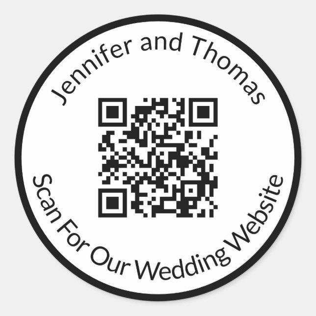 Scan For Wedding Website Black & White with Names Classic Round Sticker (Front)