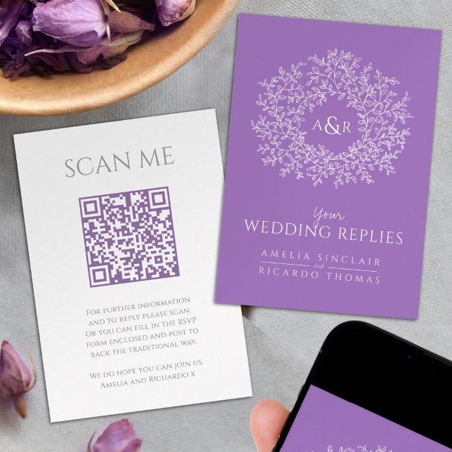 Scan me QR code wedding website monogram purple Enclosure Card (Creator Uploaded)