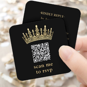 Scan Me QR RSVP Black and Gold Quinceañera Crown Enclosure Card