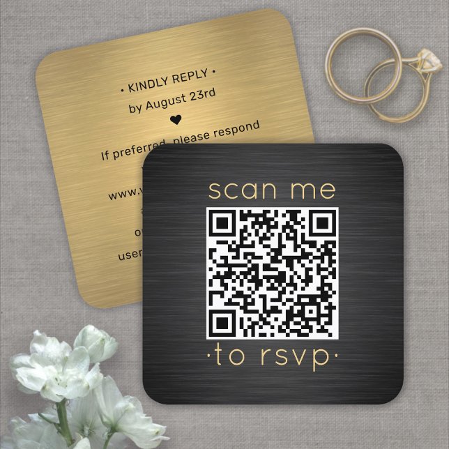 Scan Me QR RSVP Black & Gold Square Wedding Enclosure Card (Creator Uploaded)