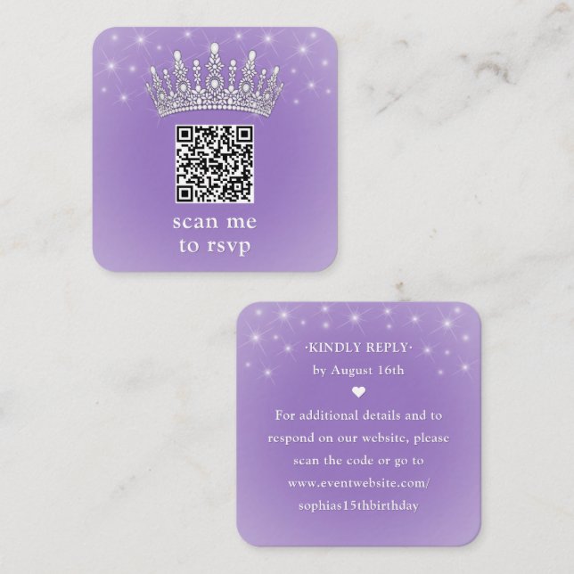Scan Me QR RSVP Quinceañera Crown Lilac Purple Enclosure Card (Front/Back)