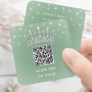 Scan Me QR RSVP Quinceañera Crown Sage Green Enclosure Card
