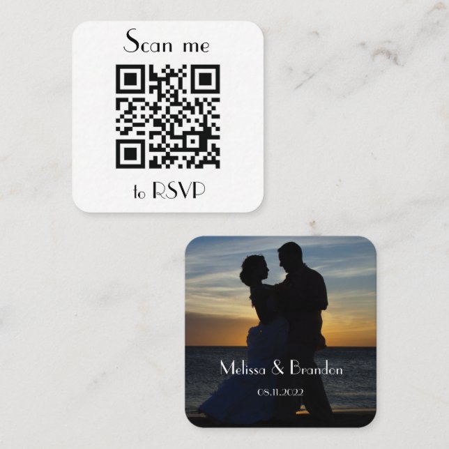 Scan me to RSVP Wedding QR Code Response Square Business Card (Front/Back)