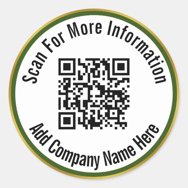 Scan QR Code For Info Dark Green White and Gold Classic Round Sticker (Front)