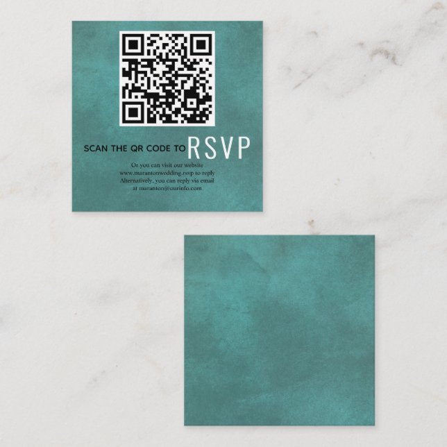 Scan QR code online RSVP stained teal blue wedding Enclosure Card (Front/Back)